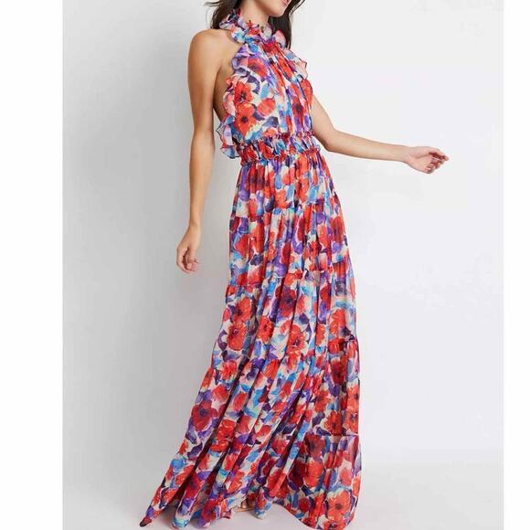 PATBO Violet Floral Flutter Halter Style Maxi Dress Size US 8 Cherry - Picture 14 of 15